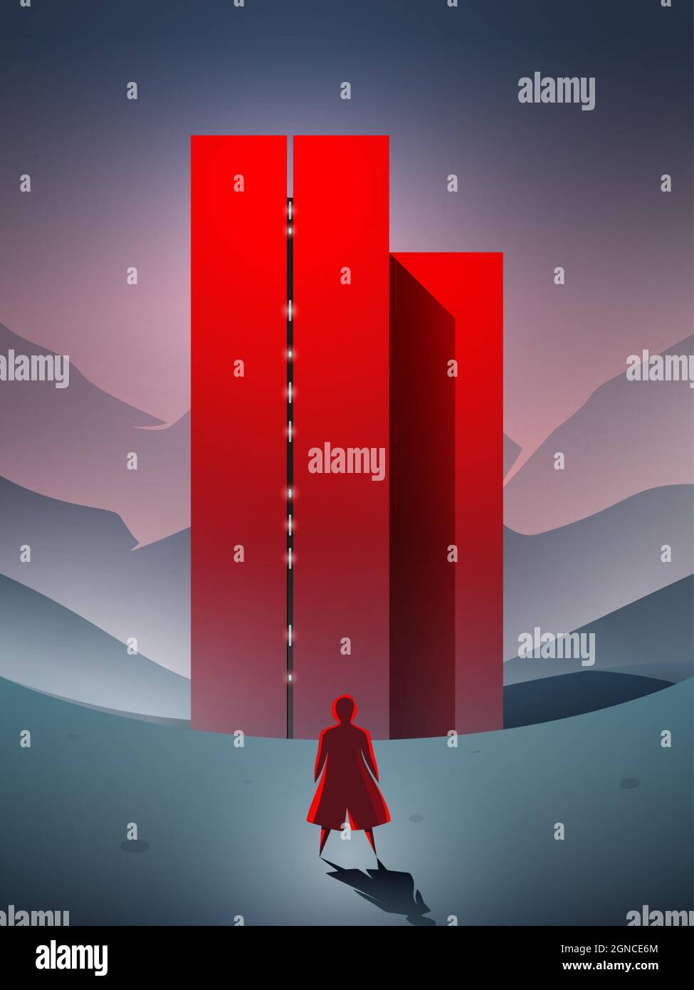 Scena vettoriale fantascienza, ragazza che arriva al futuristico edificio rosso in piedi in un paesaggio surreale. Illustrazione Vettoriale