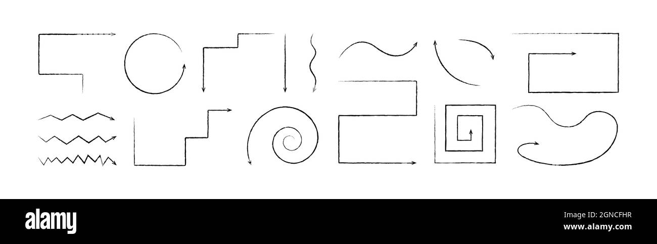 Un set di frecce curve vettoriali moderne disegnate a mano a matita nera nello stile doodle. Illustrazione vettoriale di un insieme di puntatori isolati su un Illustrazione Vettoriale Un set di frecce curve vettoriali moderne disegnate a mano a matita nera nello stile doodle. Illustrazione vettoriale di un insieme di puntatori isolati su un Illustrazione Vettoriale