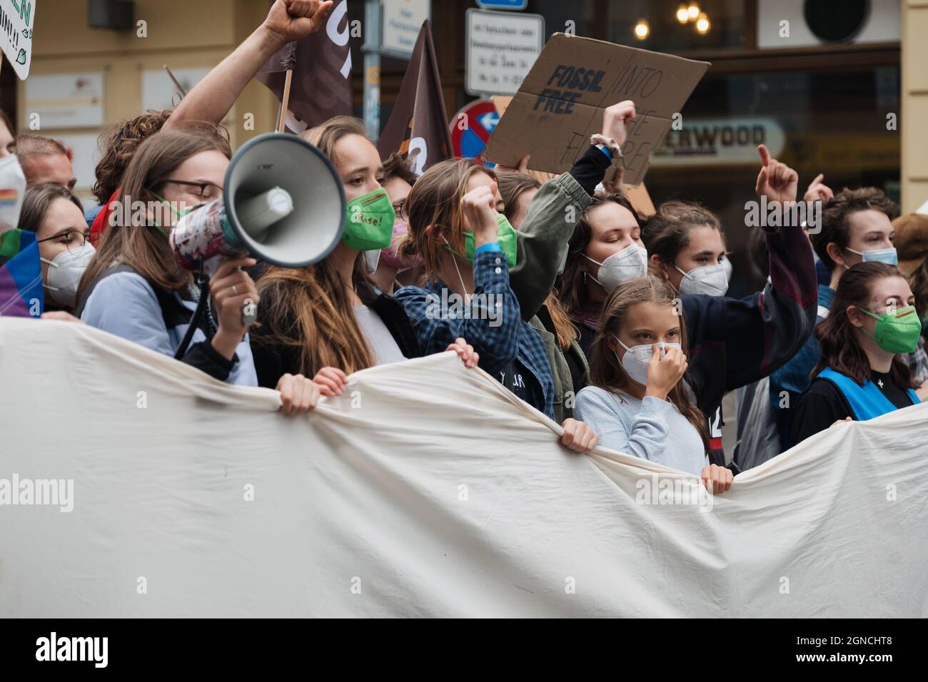 Berlino, Germania, 24 settembre 2021: Greta Thunberg a Berlino, dimostrando in un venerdì per il futuro sciopero climatico globale Foto Stock