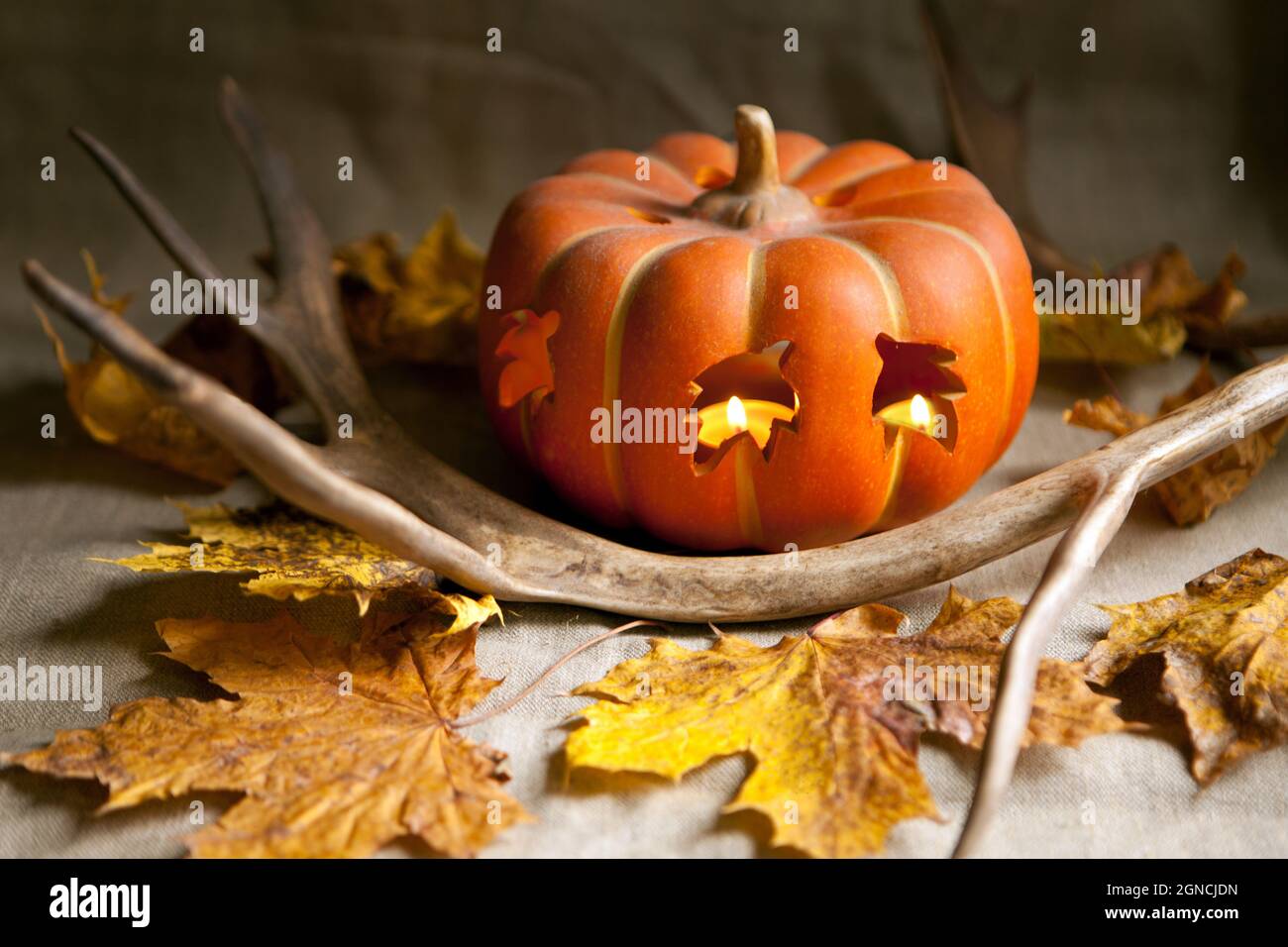 zucca con candele e foglie d'autunno. Lanterna con candele e corna ardenti. Vita morta stagionale Foto Stock