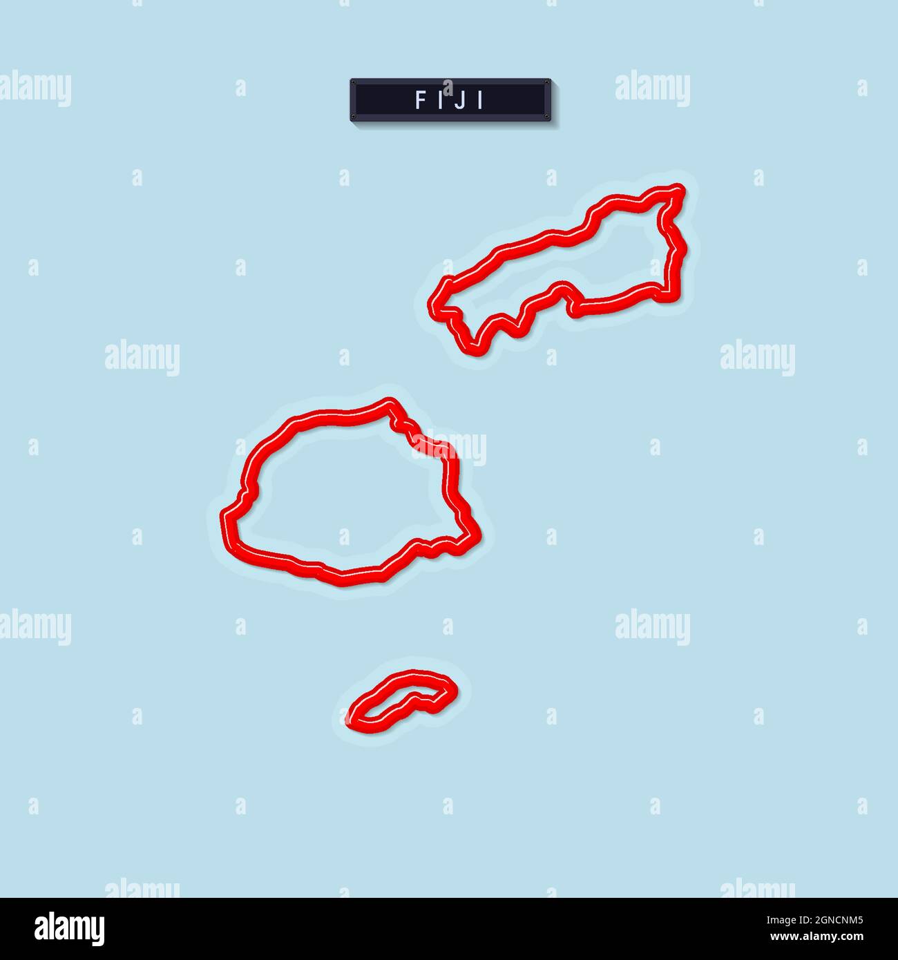 Fiji grassetto mappa di contorno. Bordo rosso lucido con ombra morbida. Targhetta con il nome del paese. Illustrazione vettoriale. Illustrazione Vettoriale