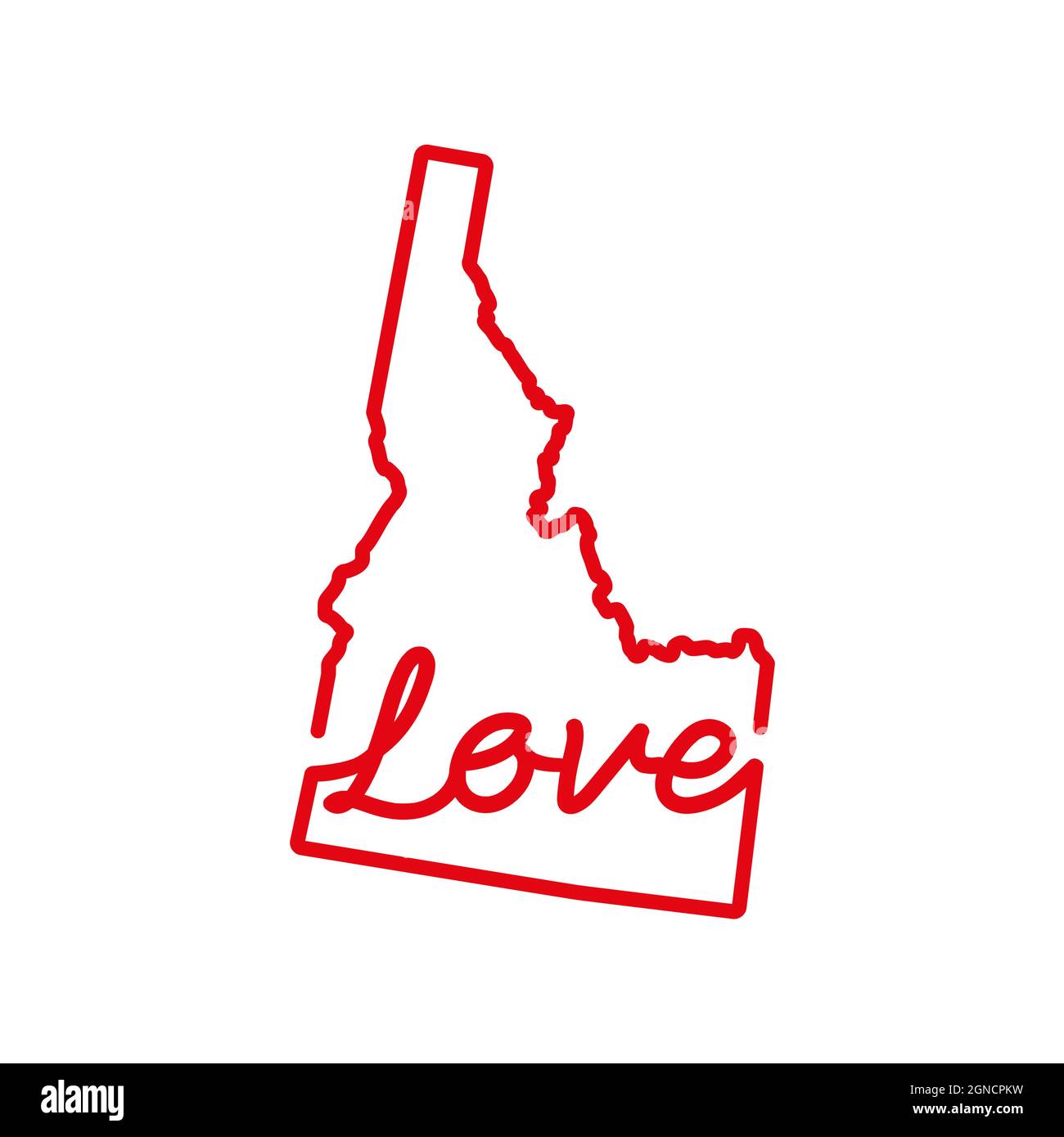 Idaho Stati Uniti stato rosso mappa con la parola d'AMORE manoscritta. Linea continua di segno di casa patriottica. Un amore per una piccola patria. D. Interno Illustrazione Vettoriale