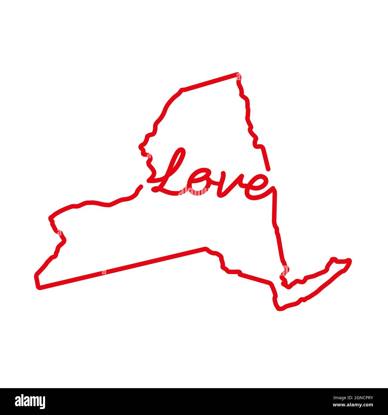 New York Stati Uniti stato rosso mappa con la parola d'AMORE manoscritta. Linea continua di segno di casa patriottica. Un amore per una piccola patria. Interio Illustrazione Vettoriale