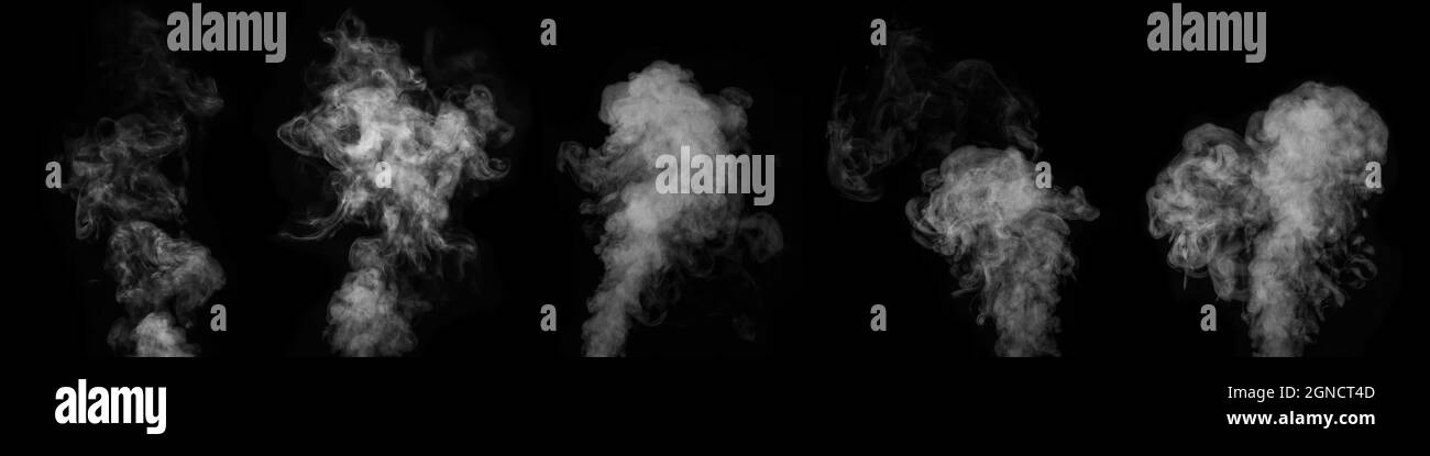 Una serie di cinque diversi fumi bianchi, fumo su uno sfondo nero per aggiungere alle tue foto. Una raccolta di vapori per le tue foto. Crea una sala mistica Foto Stock