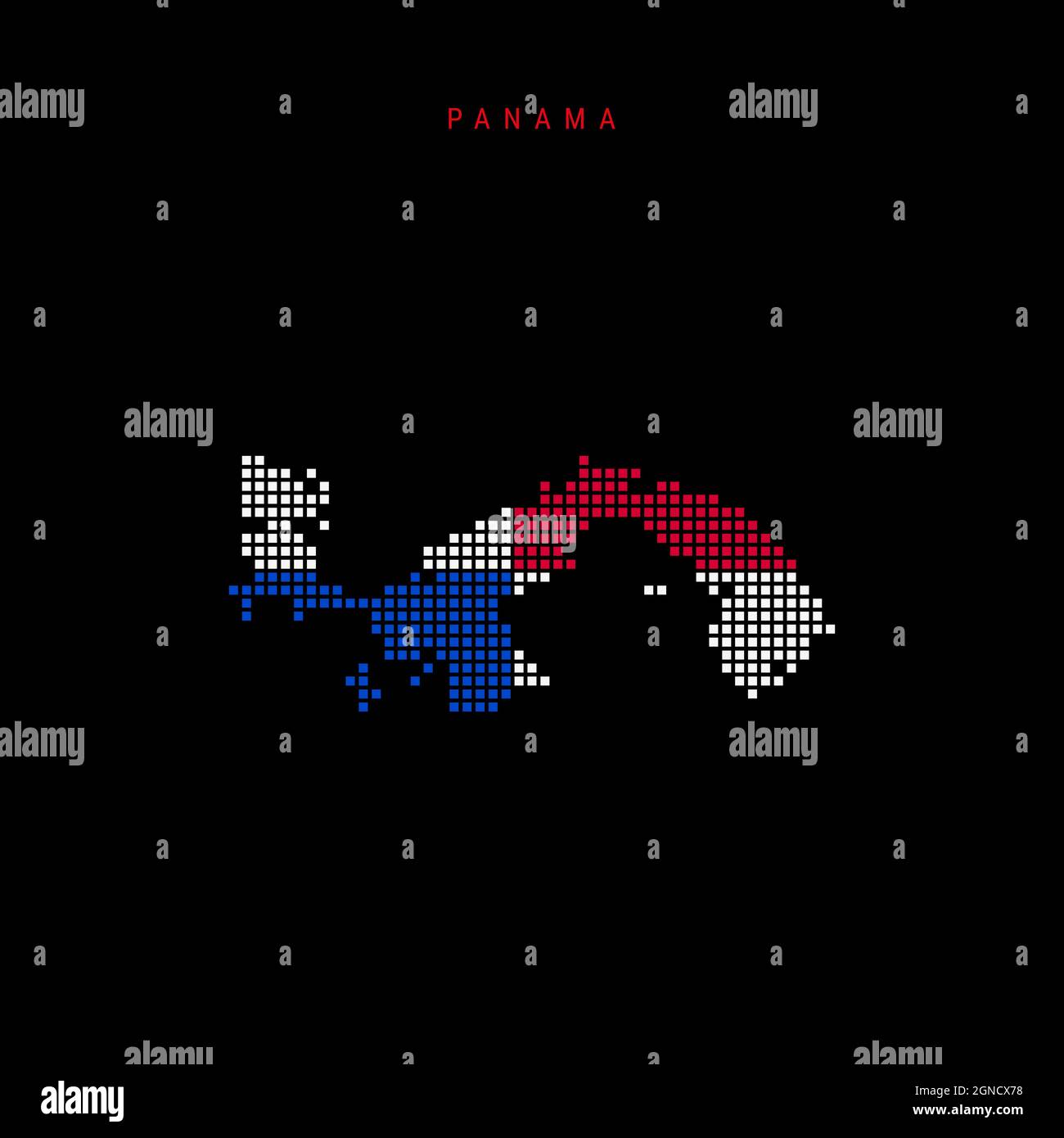 Mappa a punti quadrati di Panama. Mappa pixel punteggiata con colori di bandiera nazionale isolati su sfondo nero. Illustrazione vettoriale. Illustrazione Vettoriale