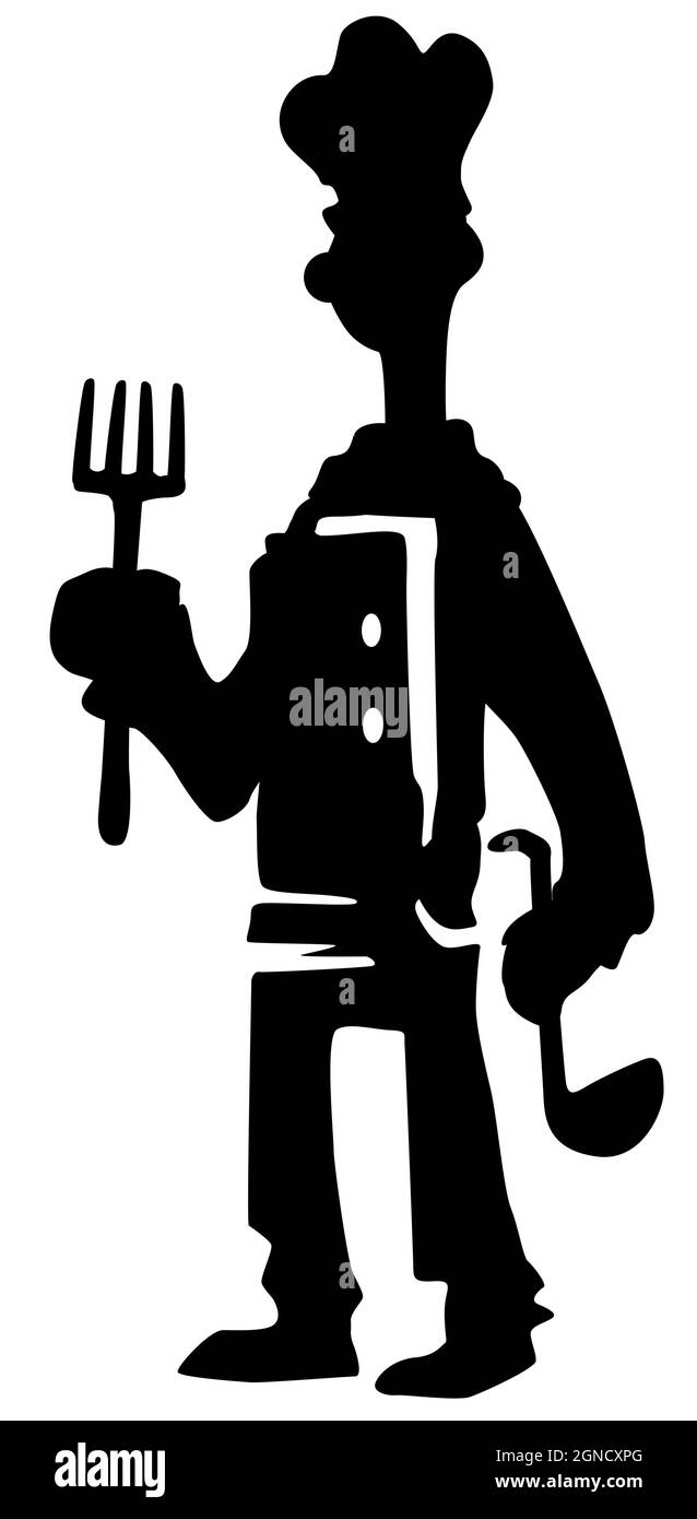Cuoco con forchetta e mestolo, cartoon figura silhouette stencil nero, illustrazione vettoriale, verticale, su bianco, isolato Illustrazione Vettoriale