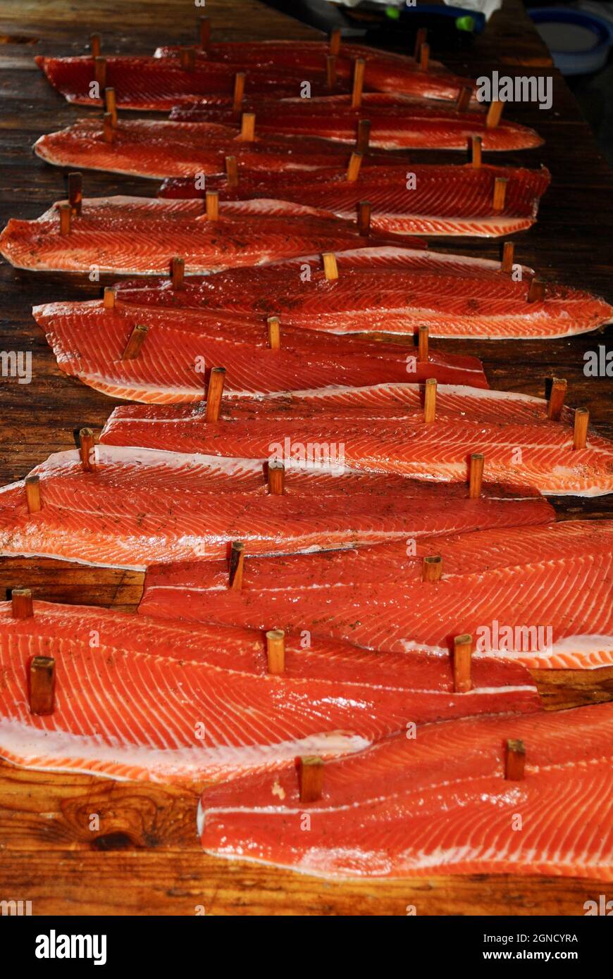 Loimulohi (Fi), salmone arrosto a fiamma libera a Kesälahti, Finlandia orientale Foto Stock