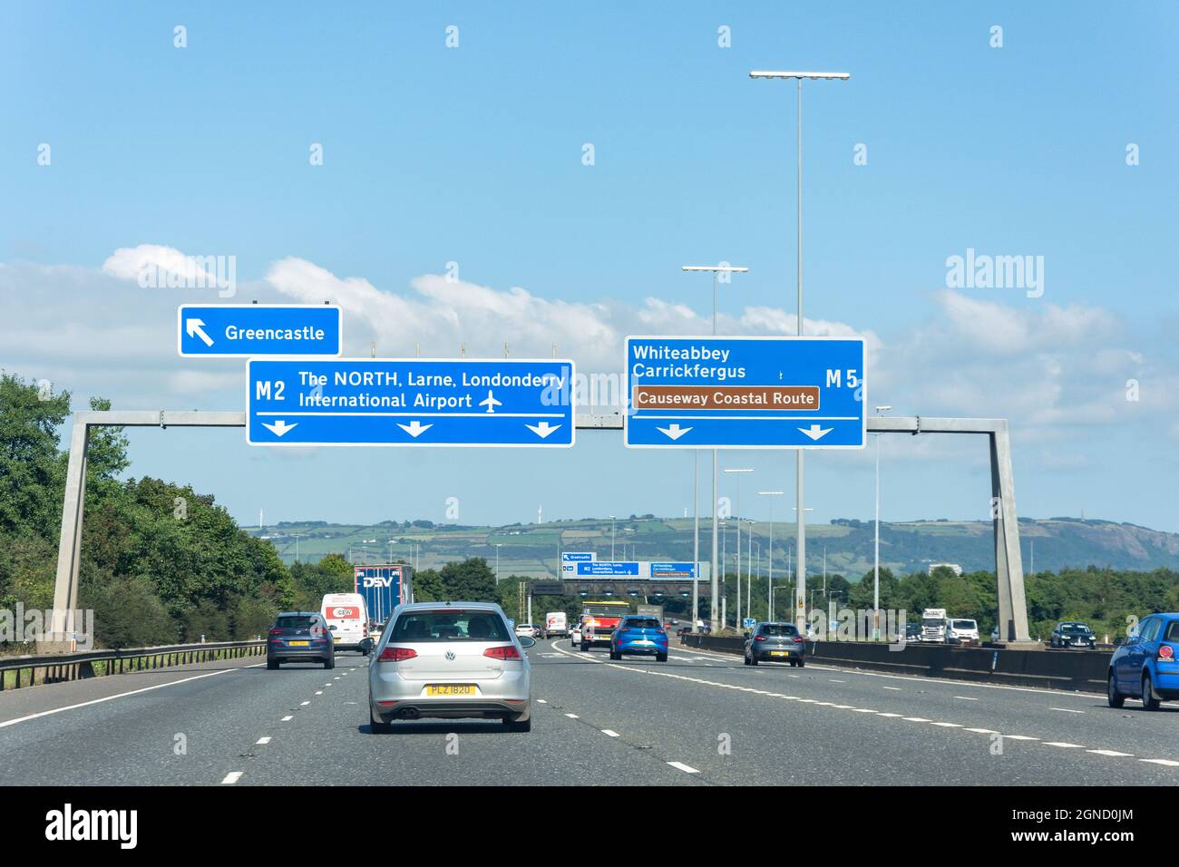 M2 autostrada all'uscita Greencastle, City of Belfast, Irlanda del Nord, Regno Unito Foto Stock