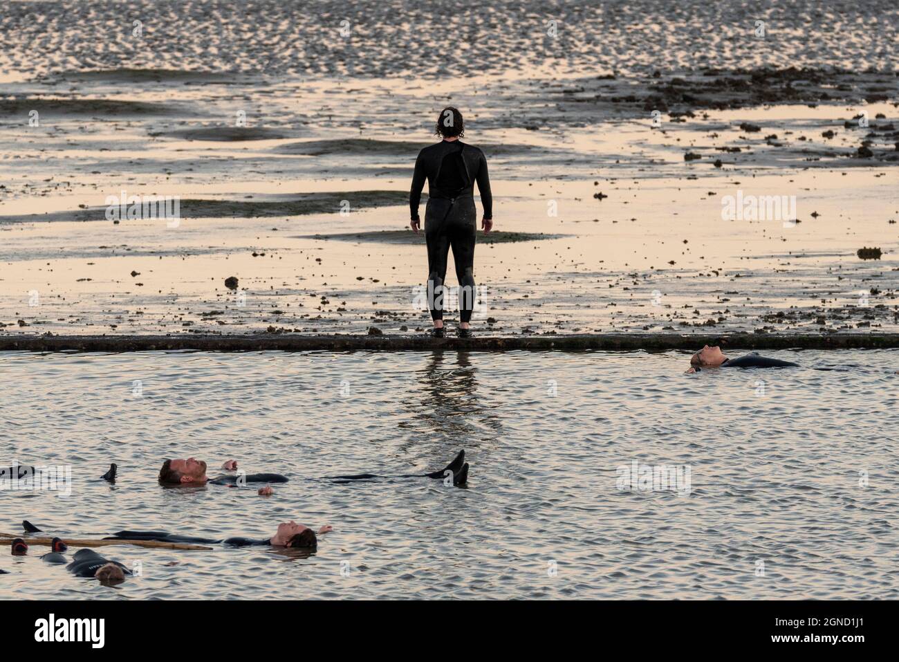 East Beach, Shoeburyness, Essex, Regno Unito. 24 settembre 2021. Si è svolta una performance straordinaria utilizzando l'estuario del Tamigi al crepuscolo come 'stage'. Chiamato LIMO, è descritto come una performance sensibile al clima, specifica per il sito commissionata come elemento chiave per Estuary 2021. Immagina come gli esseri umani potrebbero evolversi oltre un imminente disastro climatico, esaminando le questioni relative all'aumento dei livelli del mare e le performance live in acqua di un gruppo di circa 20 artisti di Arbonauts, un'azienda multidisciplinare fondata da Helen Galliano e Dimitri Launder. L'evento era gratuito Foto Stock East Beach, Shoeburyness, Essex, Regno Unito. 24 settembre 2021. Si è svolta una performance straordinaria utilizzando l'estuario del Tamigi al crepuscolo come 'stage'. Chiamato LIMO, è descritto come una performance sensibile al clima, specifica per il sito commissionata come elemento chiave per Estuary 2021. Immagina come gli esseri umani potrebbero evolversi oltre un imminente disastro climatico, esaminando le questioni relative all'aumento dei livelli del mare e le performance live in acqua di un gruppo di circa 20 artisti di Arbonauts, un'azienda multidisciplinare fondata da Helen Galliano e Dimitri Launder. L'evento era gratuito Foto Stock