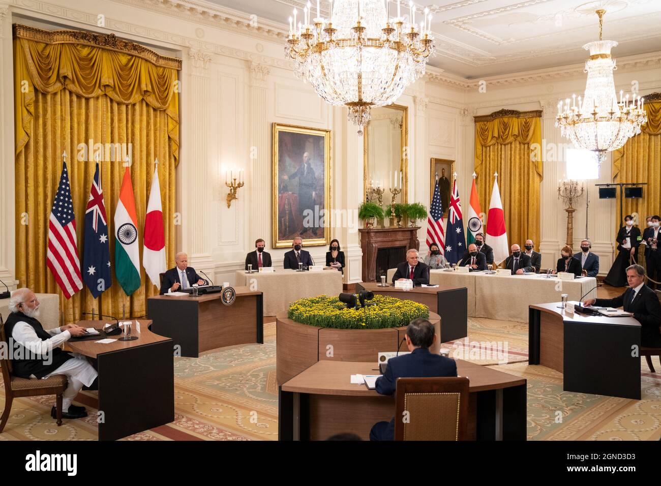 Washington DC, Stati Uniti. 24 settembre 2021. Il presidente Joe Biden ospita un vertice dei Quad Leaders con il primo ministro indiano Narendra modi, a sinistra, il primo ministro giapponese Suga Yoshihide, il primo ministro australiano Scott Morrison e il segretario di Stato Antony J. Blinken nella stanza Est alla Casa Bianca venerdì 24 settembre 2021 a Washington, DC. Pool Photo by Sarahbeth Maney/UPI Credit: UPI/Alamy Live News Foto Stock