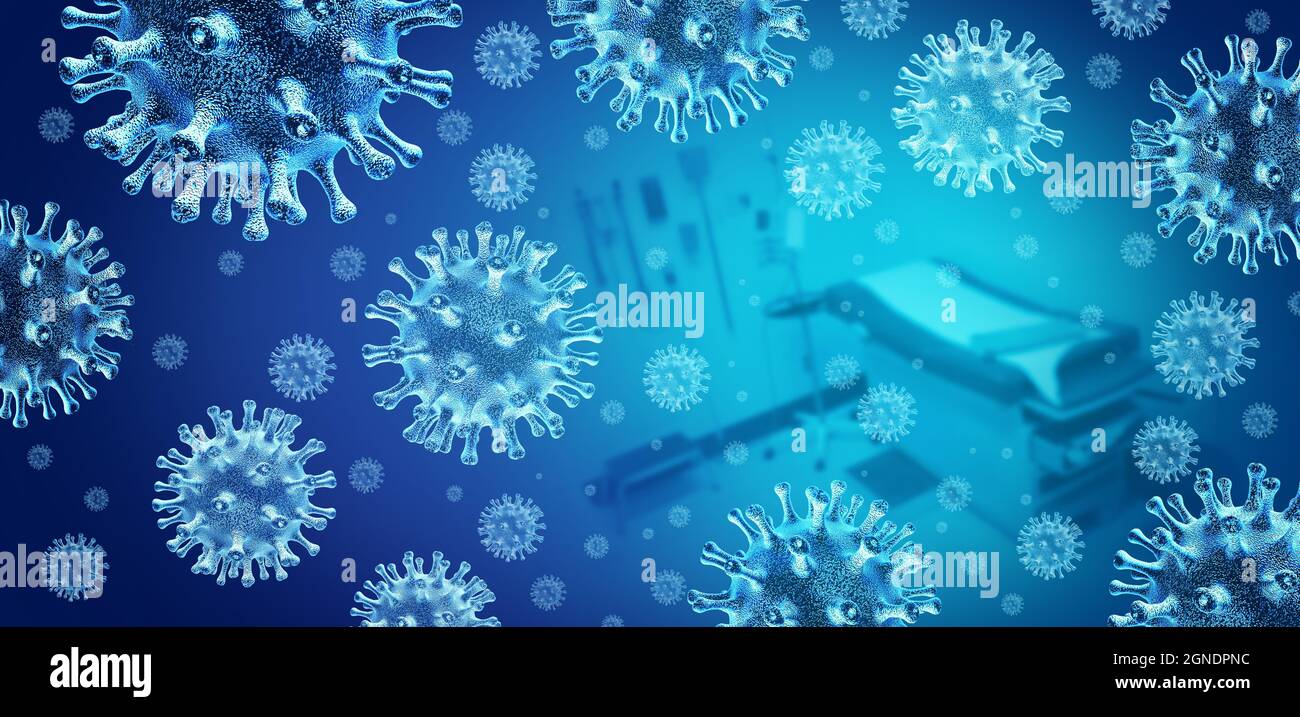 Focolaio di virus ospedaliero o infezioni nosocomiali come cellule virali infettive che galleggiano nello spazio microscopico come un concetto medico di covid-19. Foto Stock