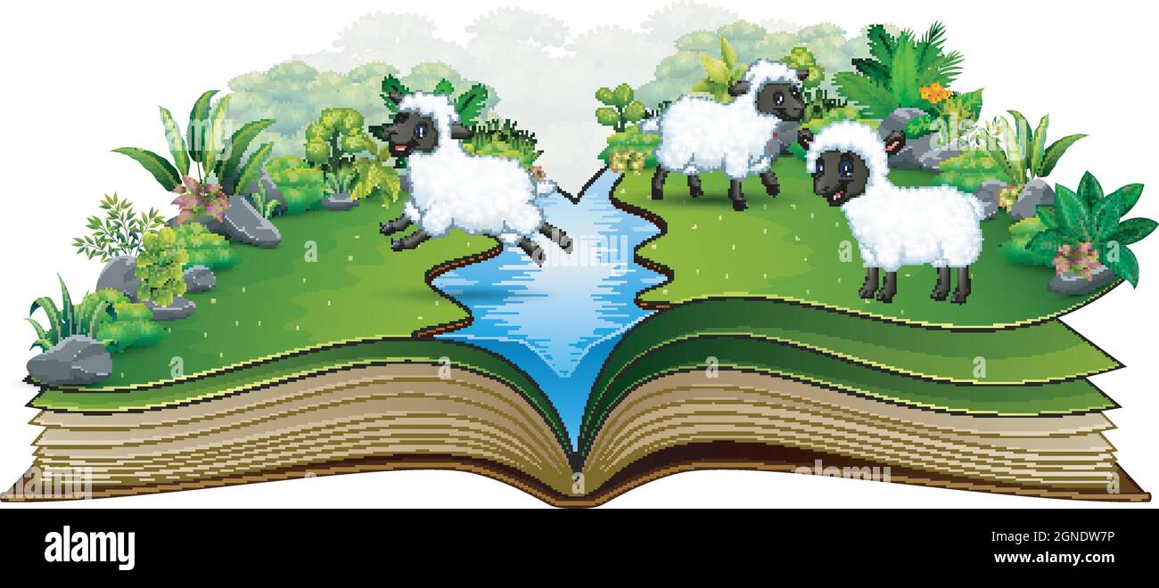 Libro aperto con gruppo di pecore che giocano sul fiume Illustrazione Vettoriale