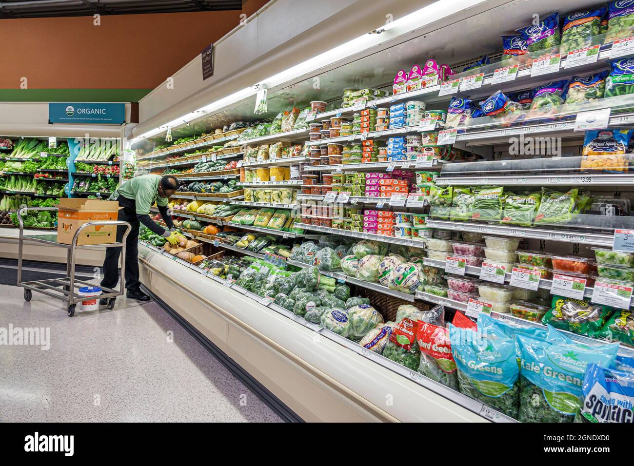 Stuart Florida,Publix negozio di alimentari supermercato alimentare, interno interno frigorifero case insalate produrre, uomo nero scaffale maschile scaffali mostra vendita Foto Stock