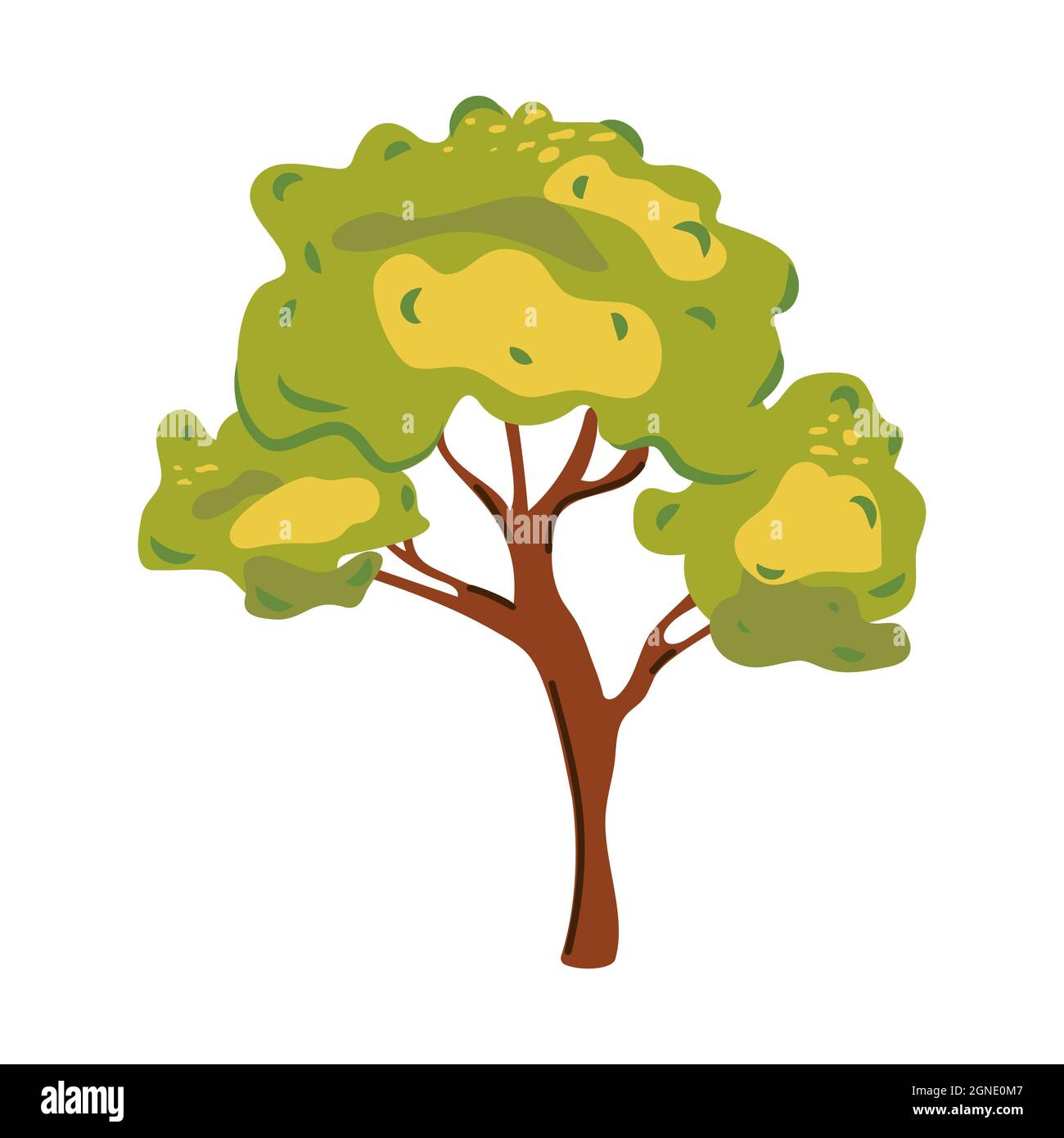 Albero in stile piatto. Cartoon tree con corona verde e tronco marrone isolato su sfondo bianco. Icona astratta moderna con colorato stile albero piatto Illustrazione Vettoriale