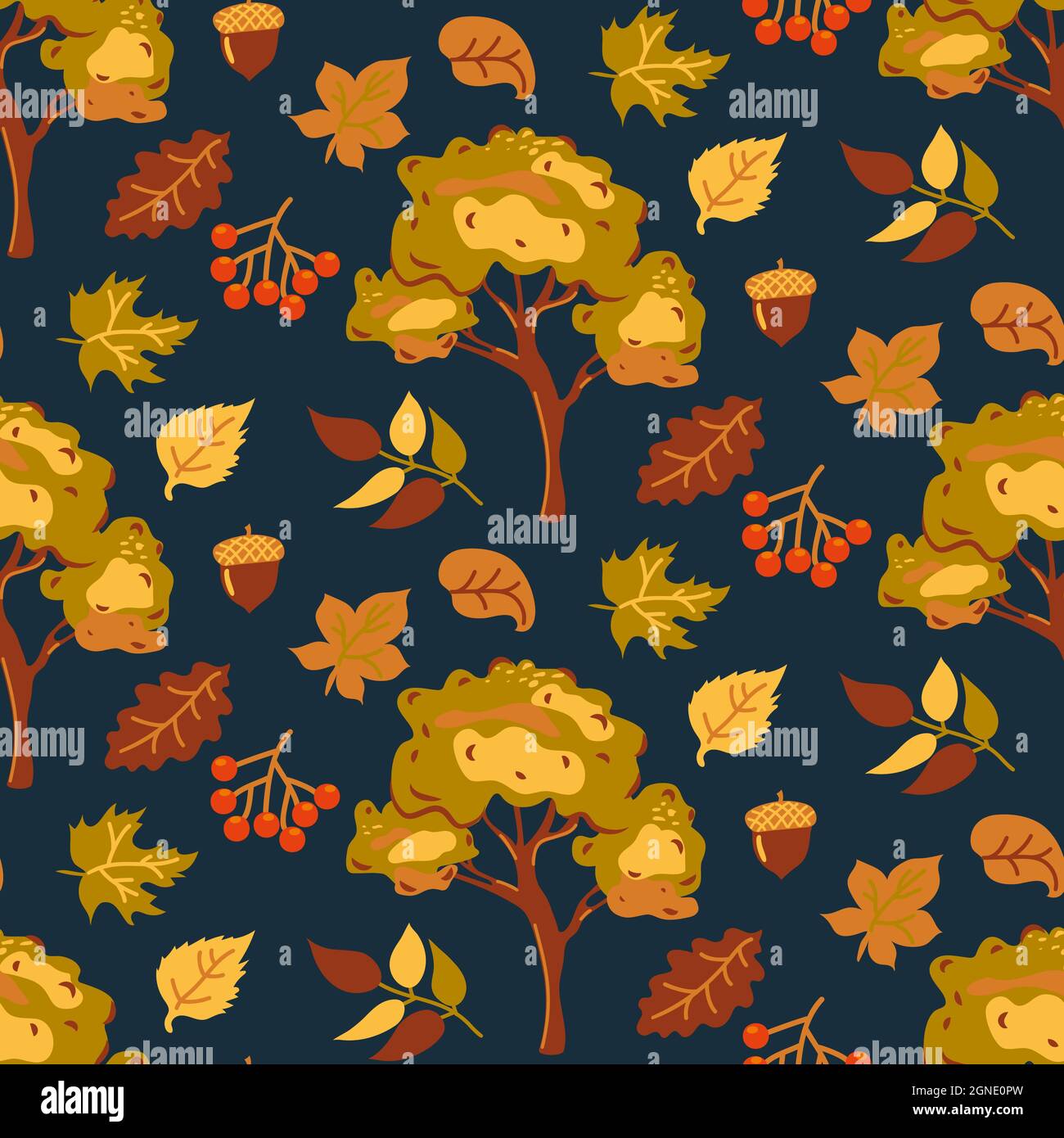 Foglie di arancio e giallo autunno e alberi d'autunno su sfondo scuro senza cuciture. Autumn background.Abstract art leaf background vettoriale.Red Illustrazione Vettoriale