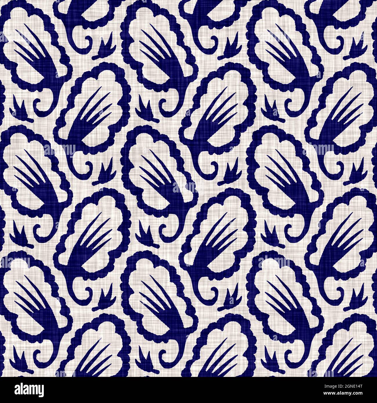Indigo blu fogliame blocco stampa tinto lino texture sfondo. Ripetizione batik tessuto giapponese senza cuciture. Sfocatura floreale organica stressata Foto Stock