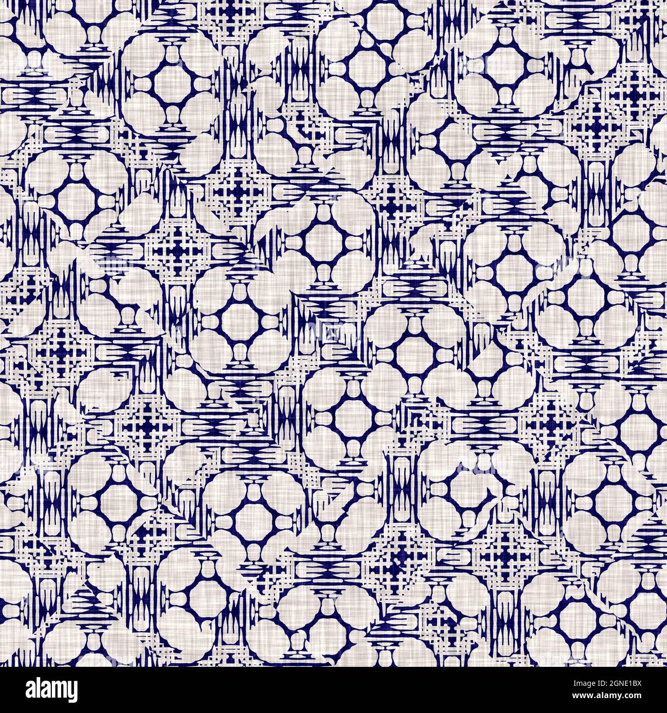 Texture indaco-cerchio senza cuciture. Sfondo blu effetto boro cotone tinto. Giappone ripetizione batik modello di resist. Stampe asiatiche stellato Foto Stock