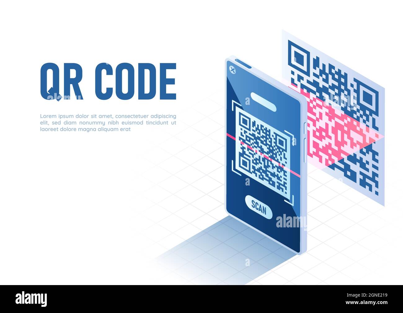 Smartphone 3d Isometric Web Banner con un codice QR Scaner Scanning. Concetto di tecnologia di verifica del codice QR. Illustrazione Vettoriale