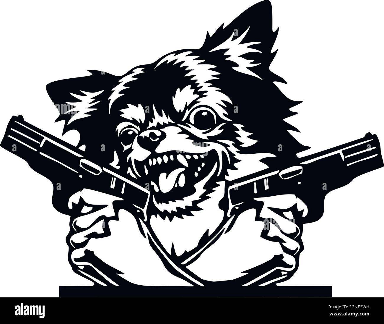 Arrabbiato Chihuahua - cattivo cane con pistola - vettore stencil. Testa di cane con Gun isolato su bianco Illustrazione Vettoriale