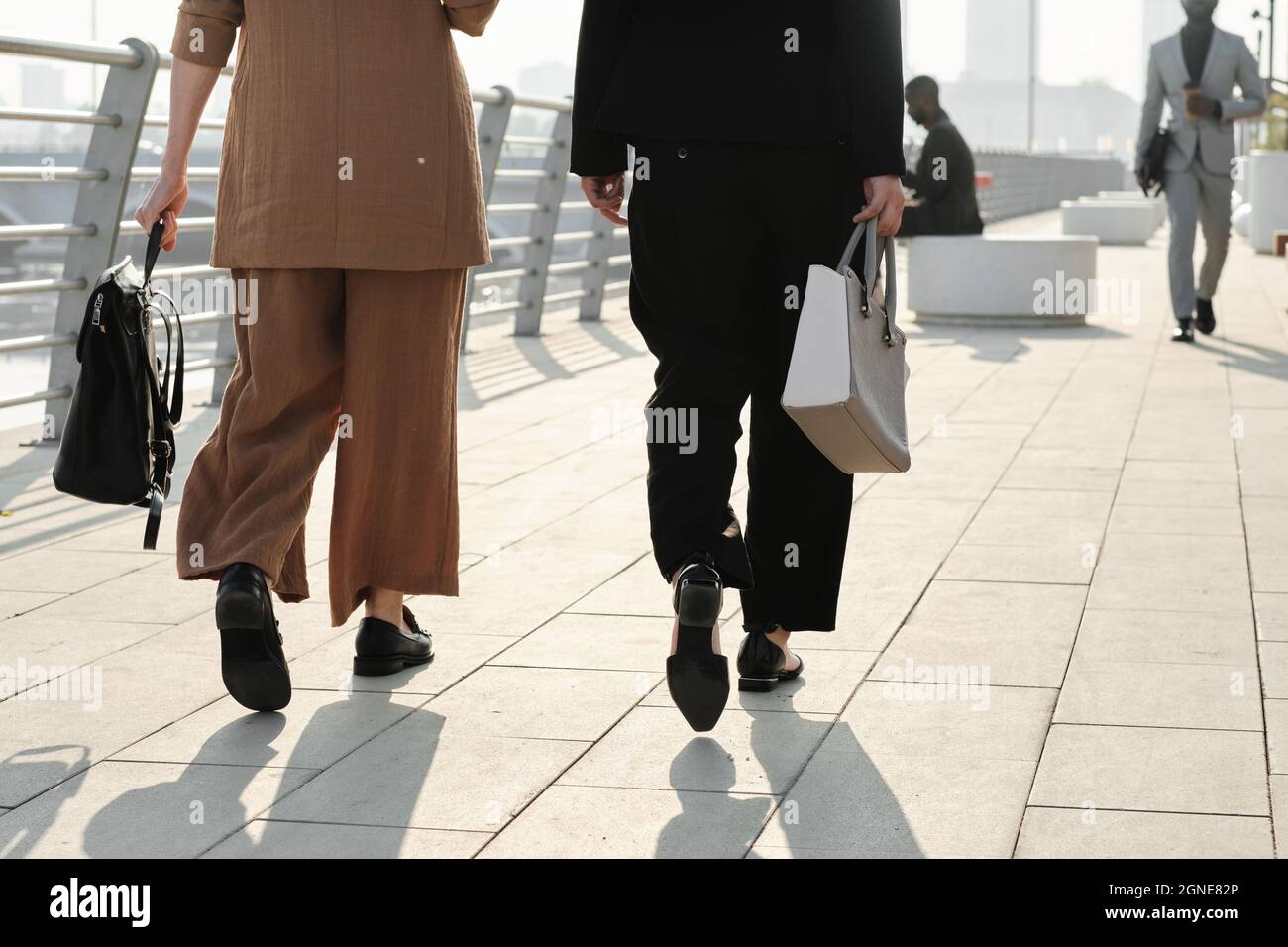 Vista posteriore orizzontale ripresa di donne irriconoscibili indossando abiti eleganti e formali che passeggiando lungo la strada da qualche parte nella città moderna Foto Stock