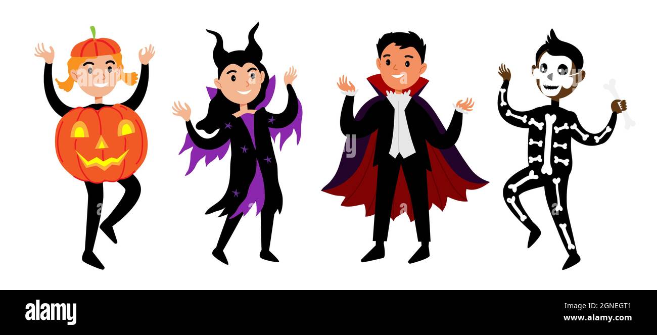 Bambini in costumi di Halloween set. Diversi personaggi carini halloween in costumi di carnevale di vampiro, skleton, maleficent e zucca. Illustrazione vettoriale Illustrazione Vettoriale