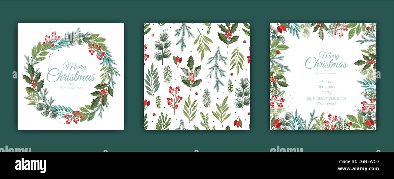 Set di carte di Natale vettoriali. Progettazione di modelli di carte per feste Illustrazione Vettoriale