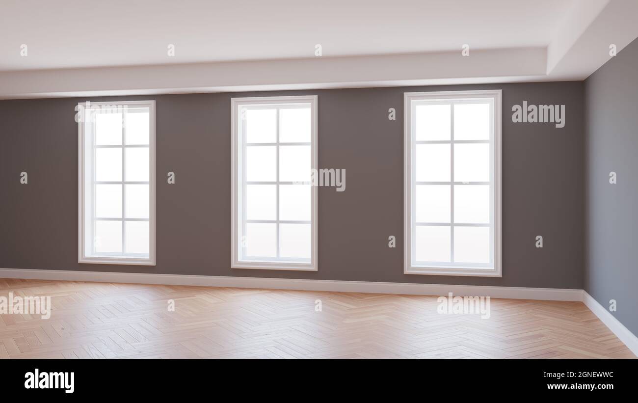 Bell'interno vuoto con pareti grigie, tre grandi finestre, pavimento in  parquet chiaro e un Plinth bianco con percorso di lavoro su Windows.  Rendering 3D Foto stock - Alamy