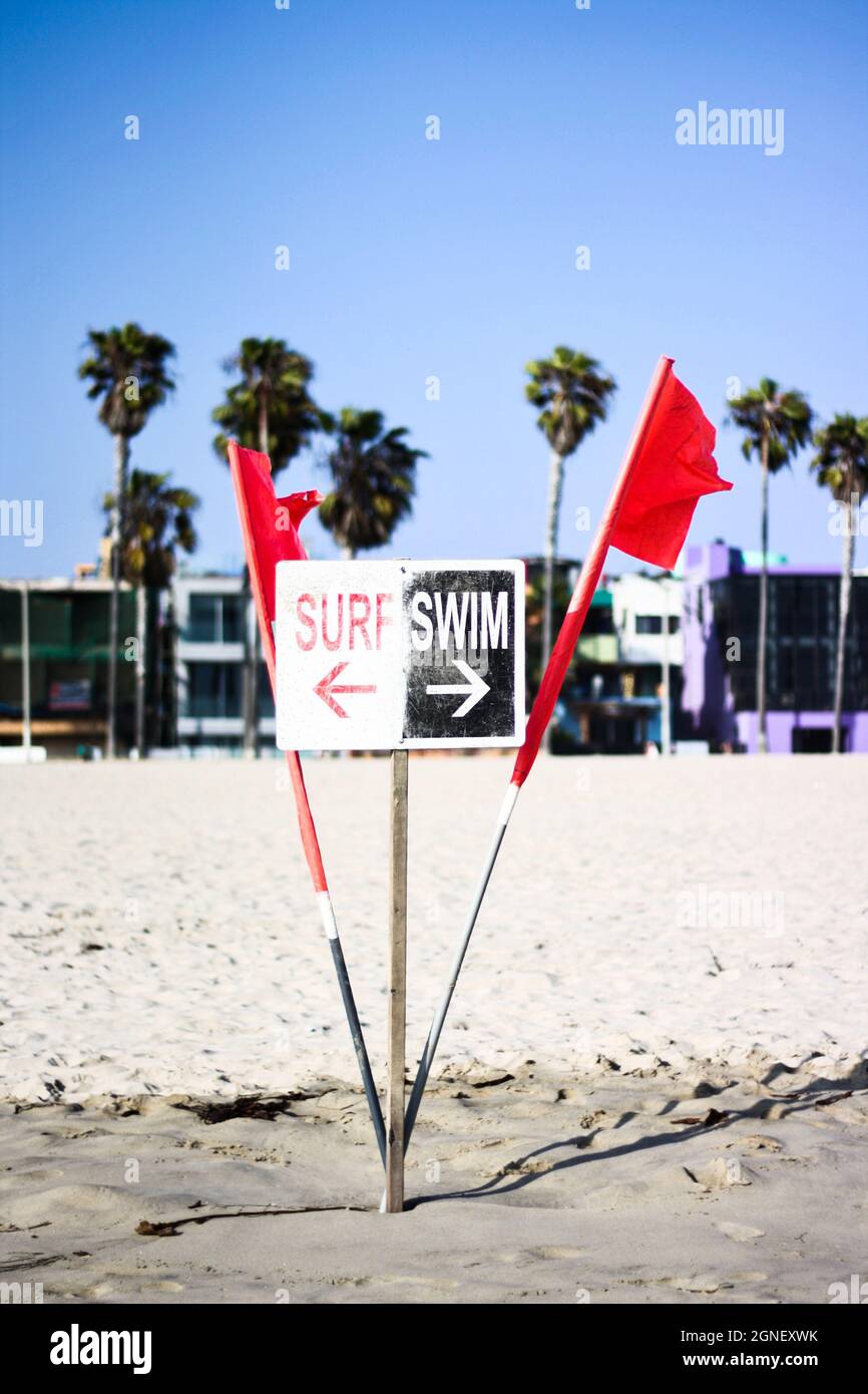 California Surfing - cartello surf e nuoto su Venice Beach a Los Angeles, palme e case sulla spiaggia Foto Stock