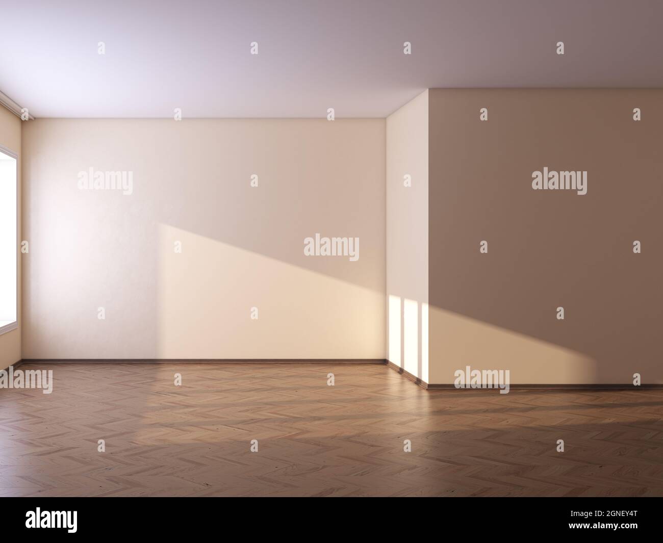 Camera vuota con pareti in beige, parquet e un Plinth marrone. Illustrazione 3D, 7680x5760, 300 dpi Foto Stock