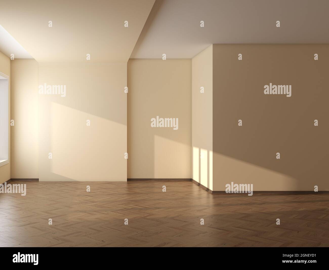 Camera vuota con pareti beige, pavimento in parquet e un Plinth marrone. Illustrazione 3D, 7680x5760, 300 dpi Foto Stock