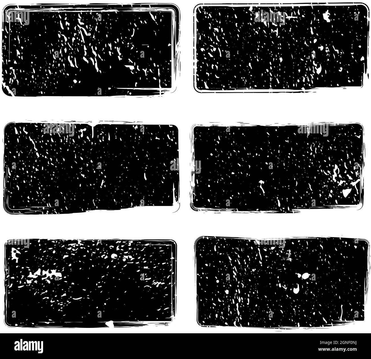 Set di timbri a grunge rettangolari neri. Texture di distress vettoriale. Forme bianche polverose per striscioni, logo, insegne, icone, badge, emblemi, Illustrazione Vettoriale
