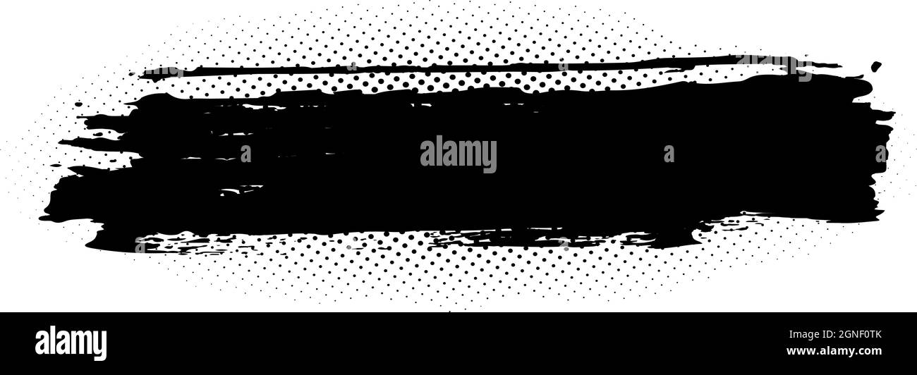 Striscia di vernice a grunge nera con punti di mezzitoni. Tratto pennello vettoriale. Forma testurizzata vuota per striscioni, badge, emblemi, etichette e motivi. Illustrazione Vettoriale