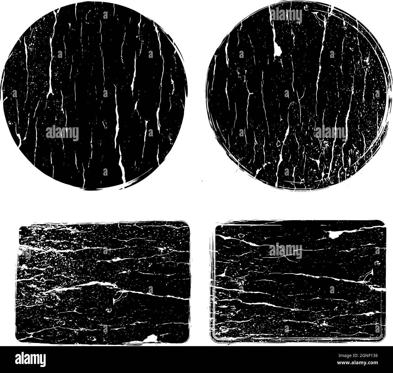 Set di timbri grunge graffio post. Texture di distress vettoriale. Forme bianche polverose per striscioni, logo, insegne, icone, badge, emblemi, etichette Illustrazione Vettoriale