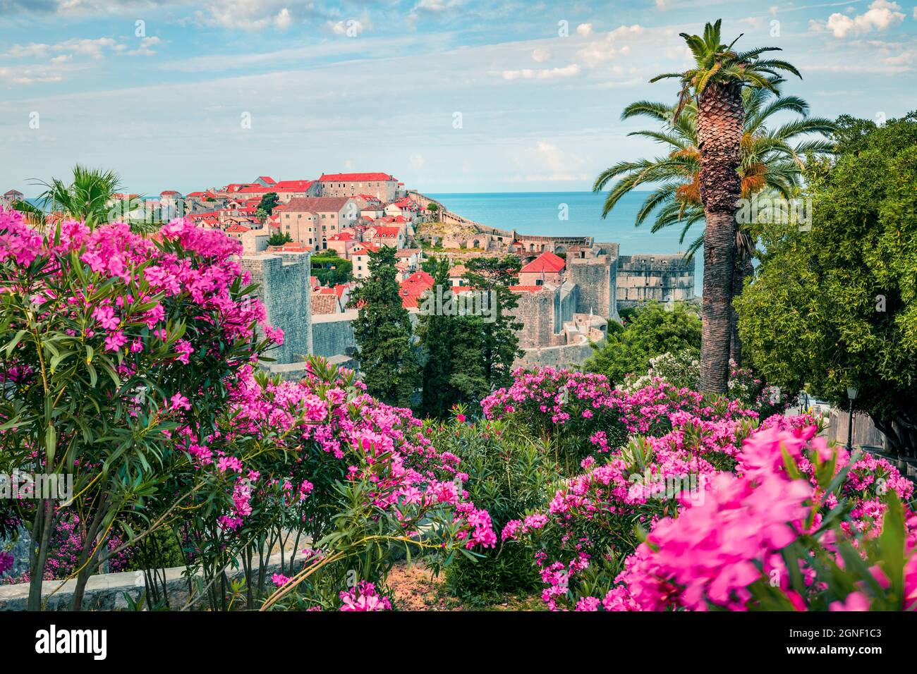 Colorata vista mattutina del famoso Fort Bokar nella città di Dubrovnik. Emozionante paesaggio urbano estivo della Croazia, Europa. Bellissimo mondo del Mediterraneo conto Foto Stock