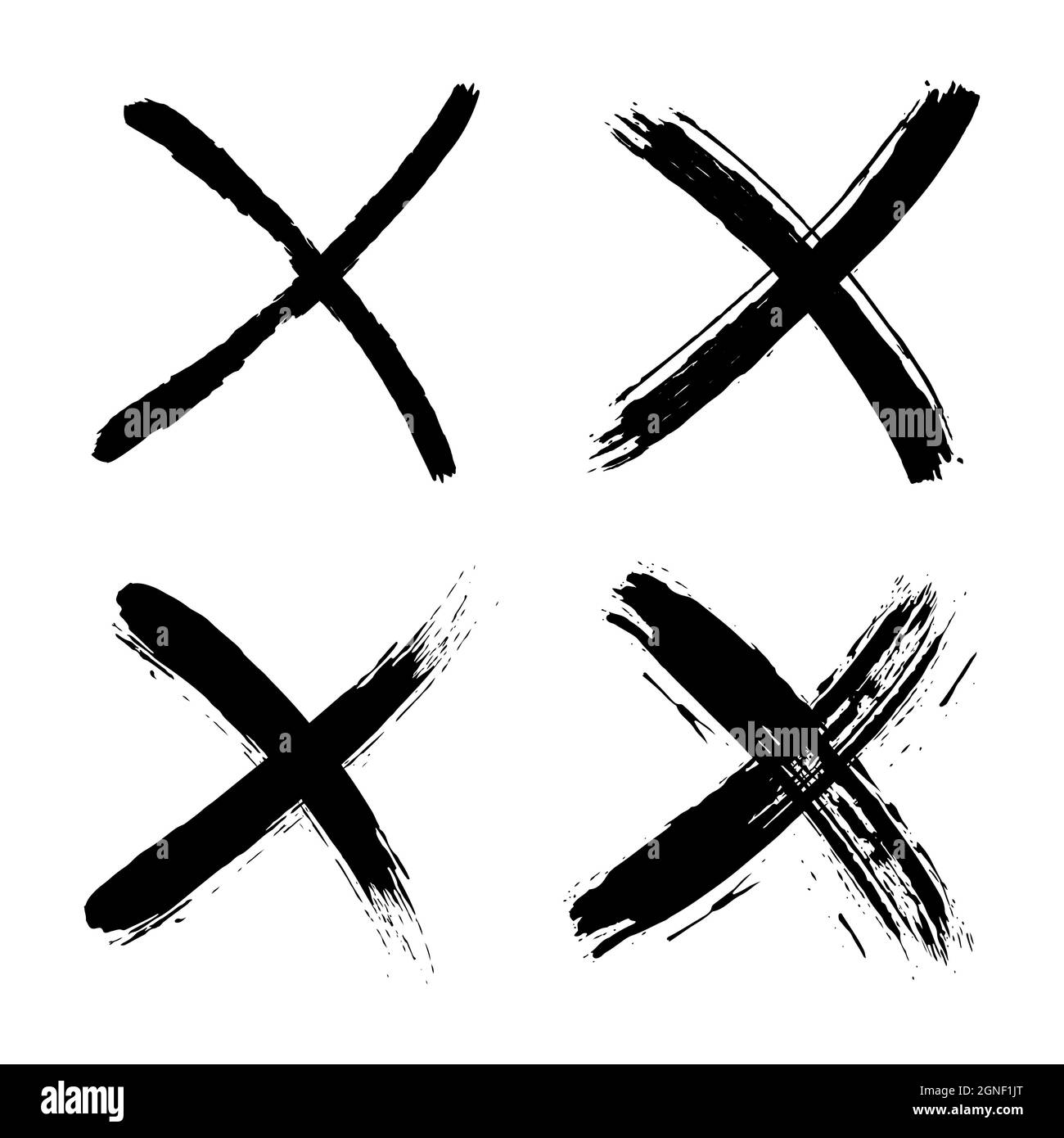 Serie di segni di grunge X neri. Due tratti di pennello incrociati. Illustrazione vettoriale. Stile grungy ha rifiutato i segni Illustrazione Vettoriale