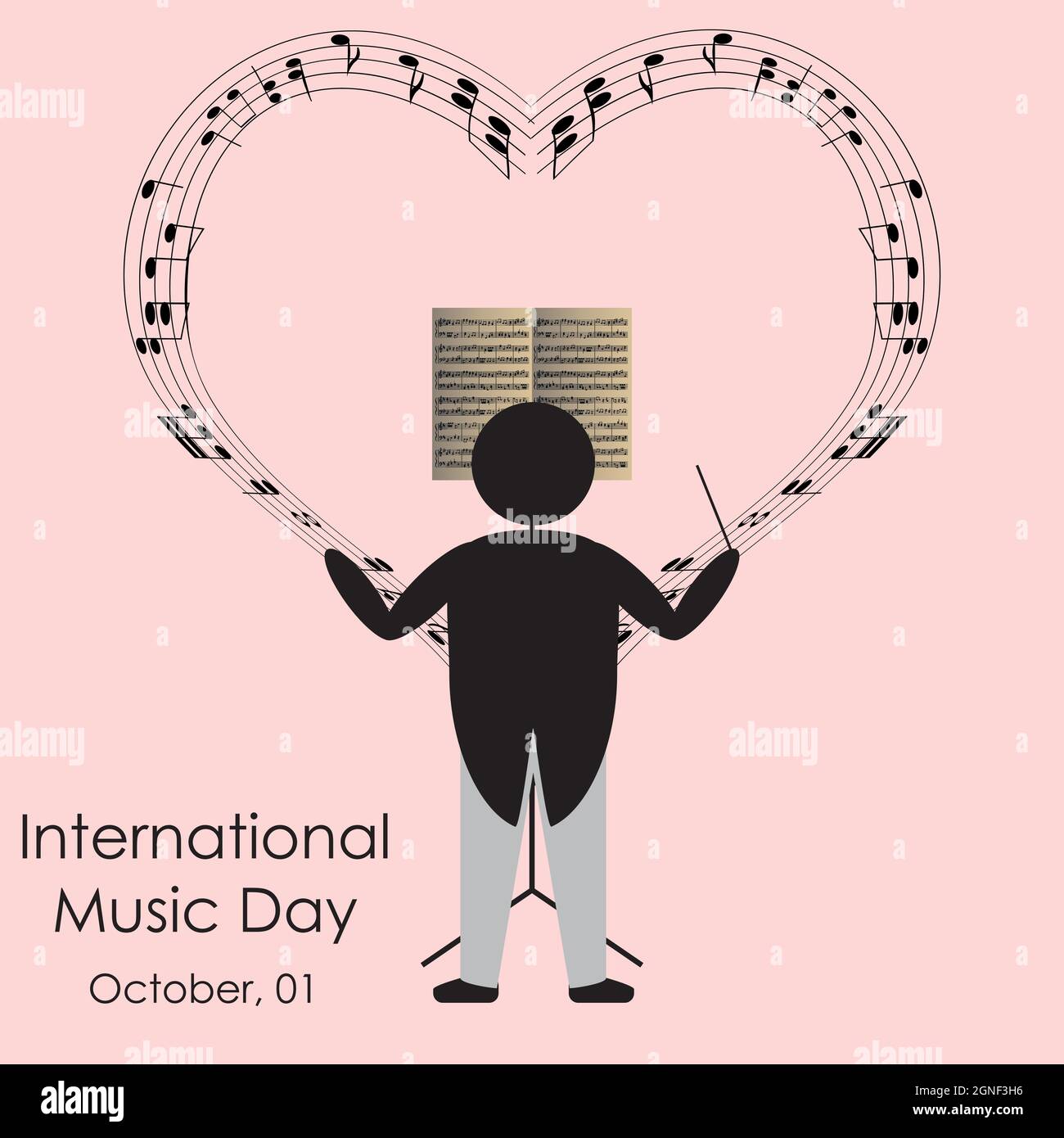 Un maestro di figura a bastone suona note musicali a forma di cuore, astrazione vettoriale astratta dell'evento internazionale della giornata musicale. Illustrazione di alta qualità Illustrazione Vettoriale