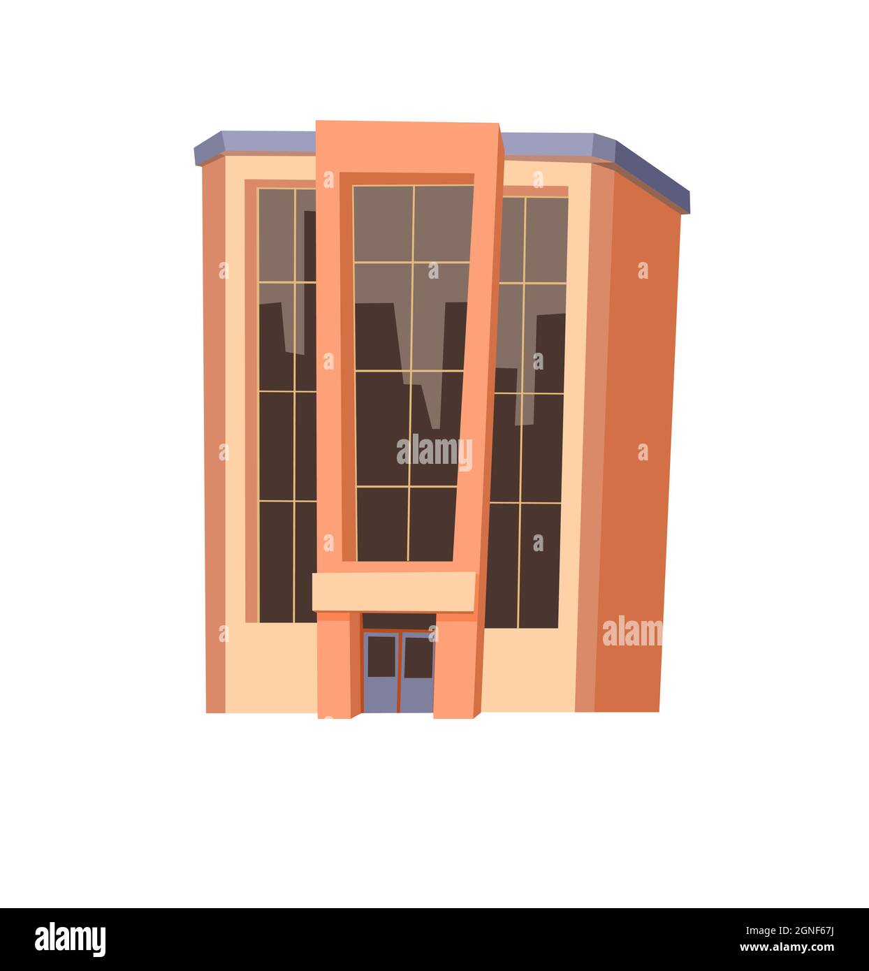 Edificio arancione della citta'. Cartone animato divertente stile piatto. Isolato su sfondo bianco. Supermercato, negozio o ufficio del centro affari. Vettore. Illustrazione Vettoriale