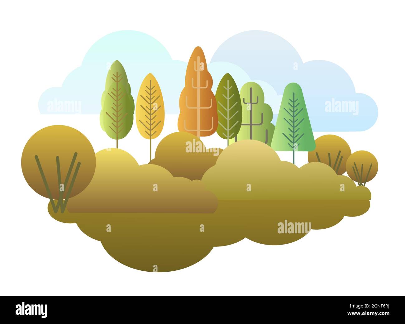 Autunno foresta. Illustrazione simbolica di stile piatto. Orizzontale in tonalità arancio, giallo e verde. Fauna rurale. Paese scena con alberi. Bella arte Illustrazione Vettoriale