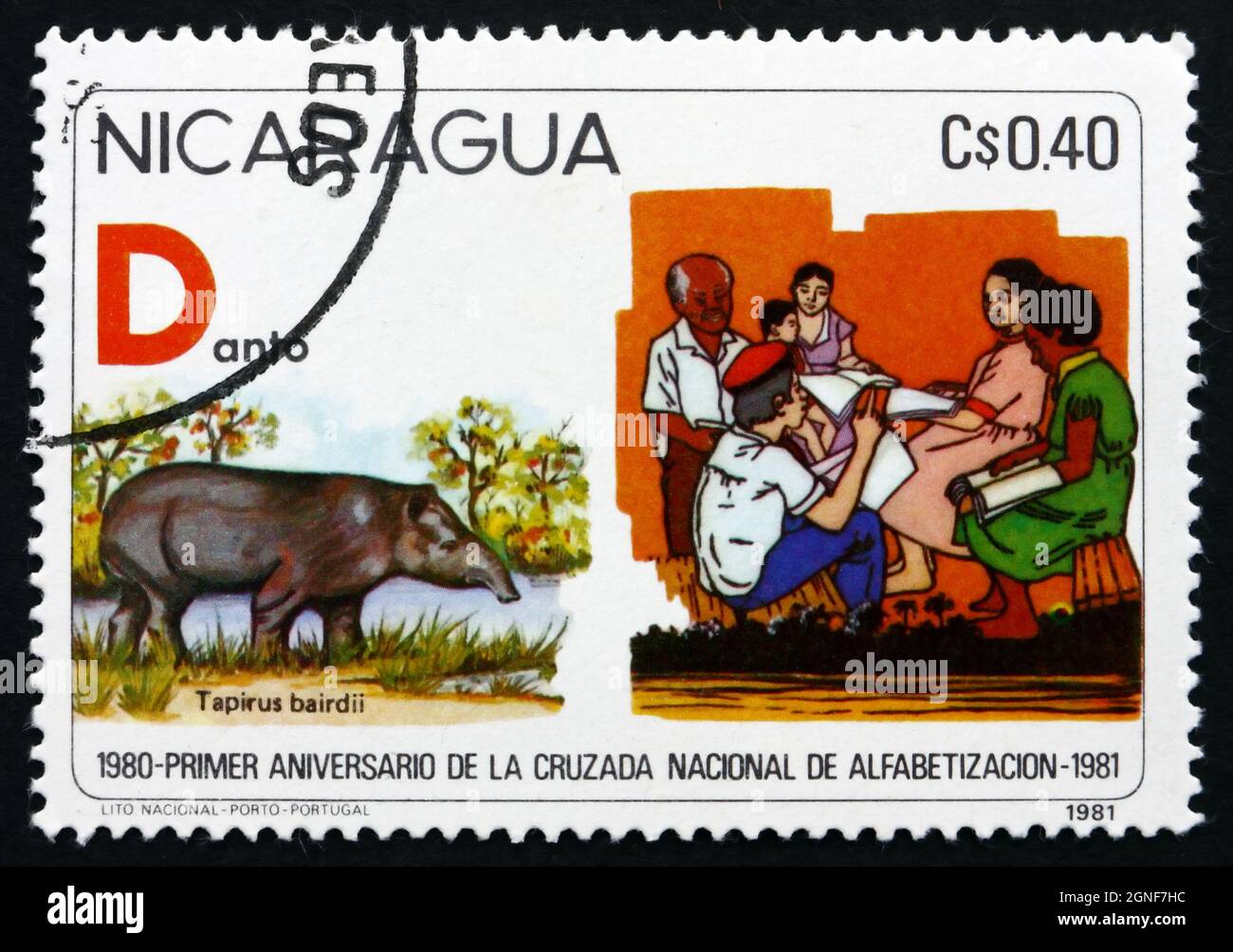 NICARAGUA - CIRCA 1981: Un francobollo stampato in Nicaragua mostra la lotta contro l’analfabetismo, Tapir di Baird, Tapirus Bairdii, circa 1975 Foto Stock