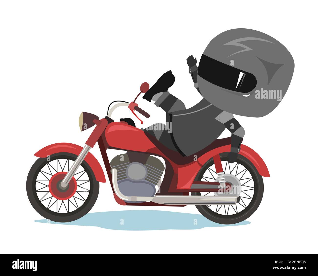 Cartone animato per motociclisti. Illustrazione di un bambino. Perso il mio saldo. Divisa sportiva e casco. Moto freddo. Bicicletta chopper. Divertente motociclista. Isolato su bianco Illustrazione Vettoriale
