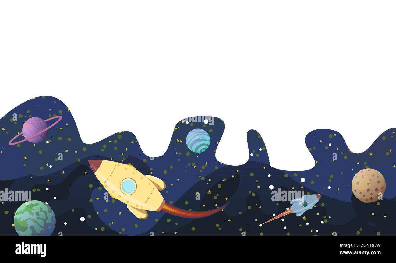 Sfondo COSMOS. I pianeti, i loro satelliti e i razzi. Cielo stellato paesaggio. Parte inferiore del telaio. Colori scuri. Stile piatto. Design cartoon. Vettore Illustrazione Vettoriale
