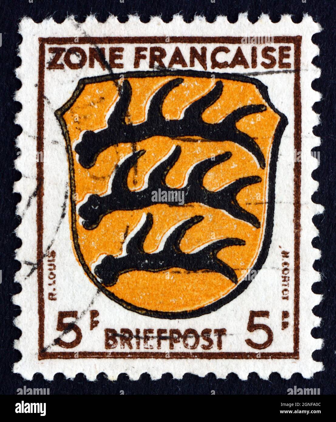 GERMANIA - CIRCA 1945: Un francobollo stampato nella zona Francaise,  Germania mostra stemma di Wurttemberg, circa 1945 Foto stock - Alamy