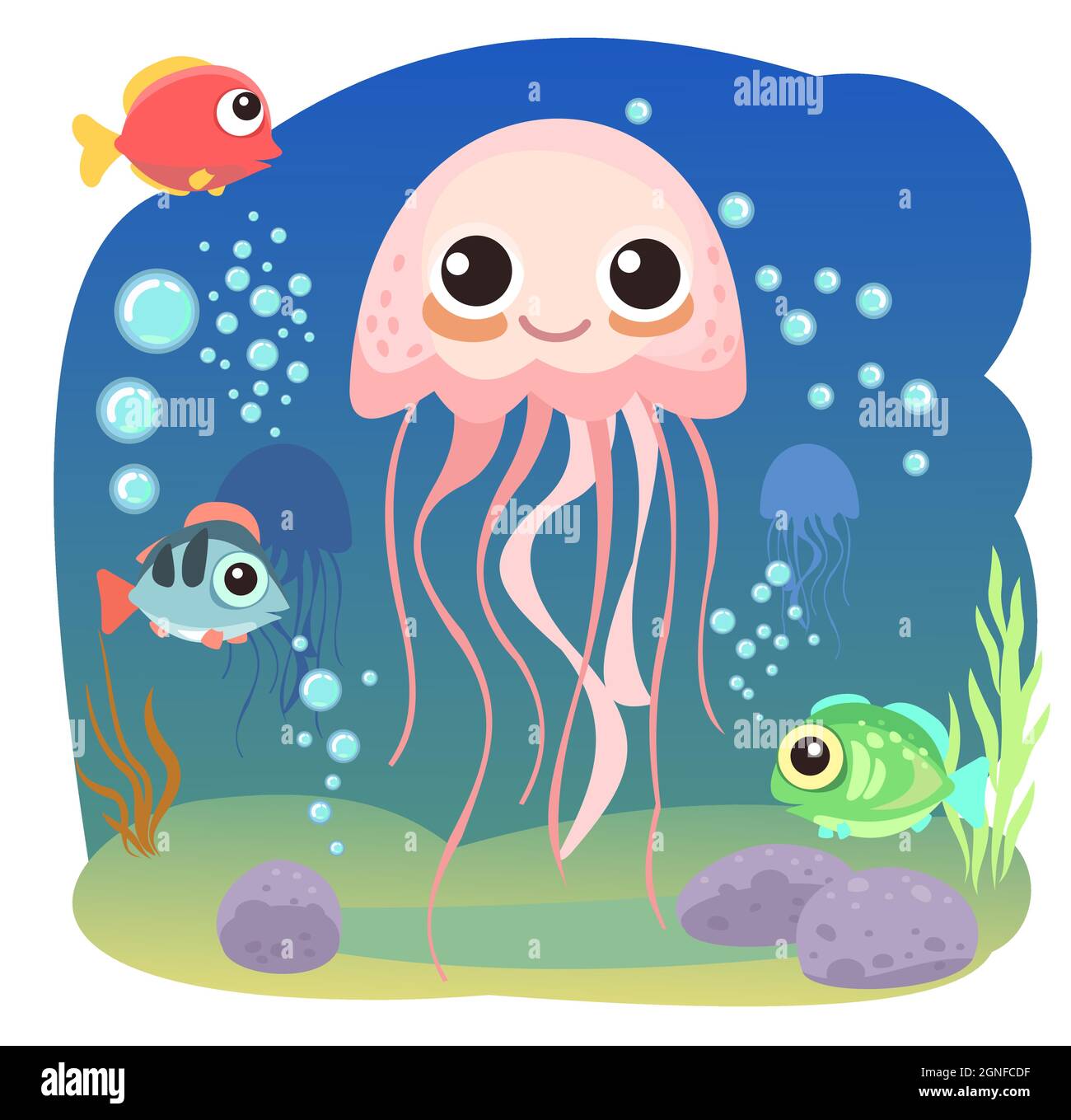 Meduse, piccolo paesaggio. Vita subacquea. Animali selvatici. Oceano, mare. Acqua estiva. Isolato su sfondo bianco. Illustrazione in stile cartoon Illustrazione Vettoriale