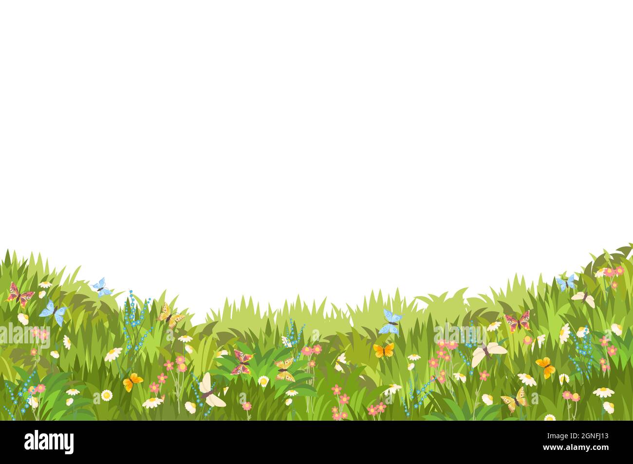 Prato con fiori selvatici e farfalle. Illustrazione. Primo piano dell'erba. Bellissimo paesaggio verde. Isolato. Stile cartone animato. Design piatto. Fiori Illustrazione Vettoriale