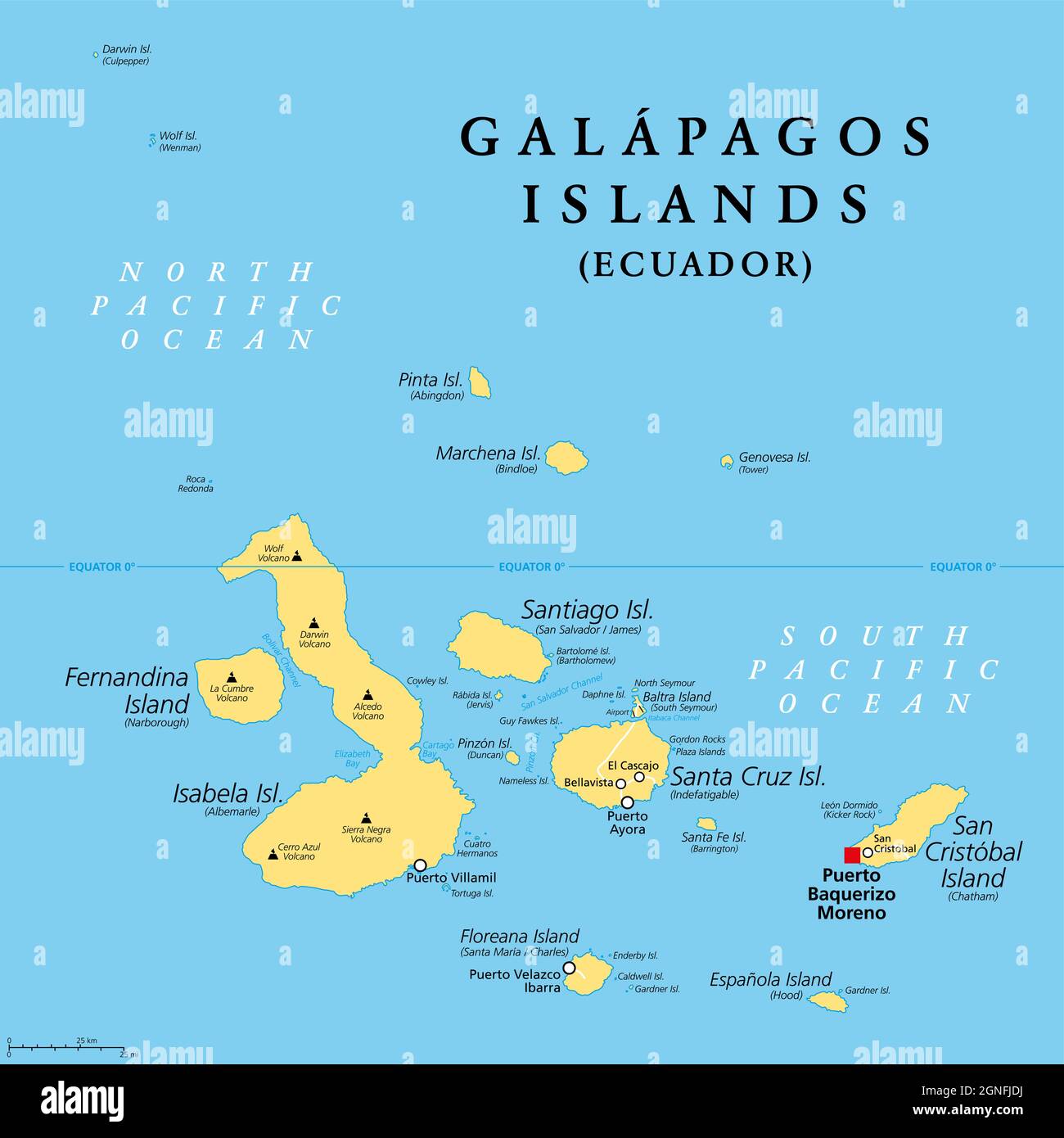 Isole Galapagos, Ecuador, mappa politica con capitale Puerto Baquerizo Moreno. Arcipelago di isole vulcaniche su entrambi i lati equatori nel Pacifico. Foto Stock