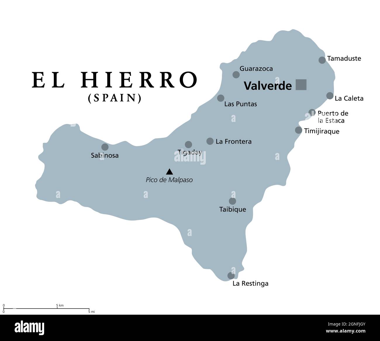 Isola di El Hierro, mappa politica grigia, con la capitale Valverde. Soprannominata isola di Meridian, parte delle Isole Canarie, Spagna. Foto Stock