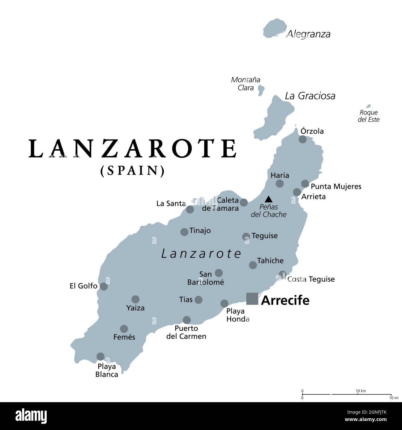 Lanzarote, mappa politica grigia con la capitale Arrecife. Isola più settentrionale e orientale delle Isole Canarie, Spagna. Foto Stock