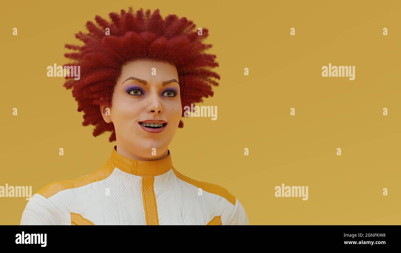 Donna eccentrica sorridente capelli rossi teme e blu compongono sfondo  giallo illustrazione 3D Foto stock - Alamy