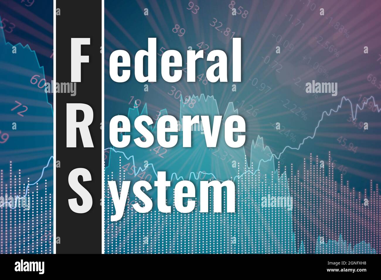 Termine finanziario FRS - Federal Reserve System su sfondo finanziario blu e magenta da grafici, grafici. Trend su e giù. Rendering 3D. Mercato finanziario Foto Stock