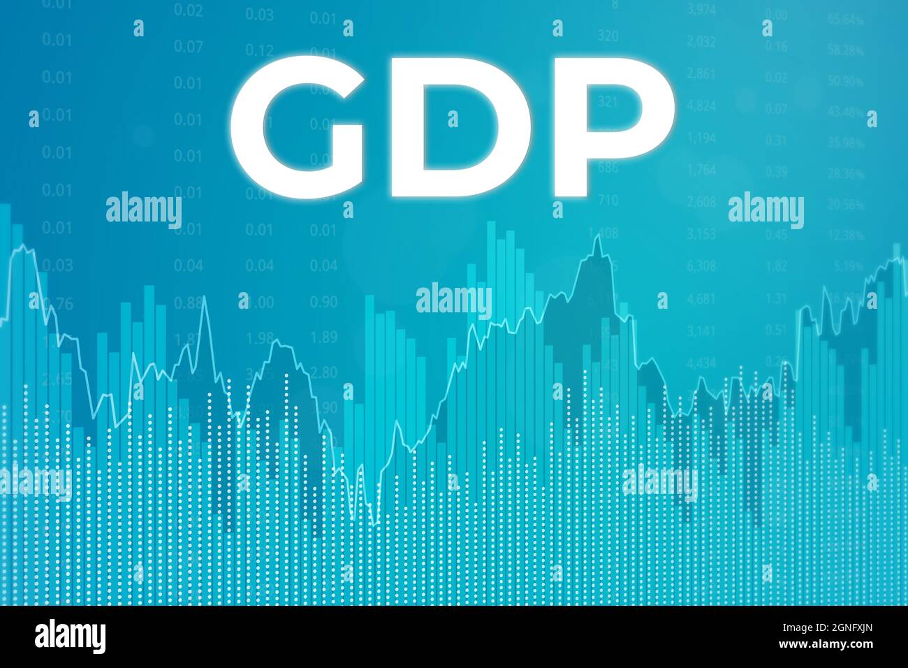 Termine finanziario PIL - prodotto interno lordo su sfondo blu di finanza da grafici, grafici. Trend su e giù. Rendering 3D. Concetto di mercato finanziario Foto Stock